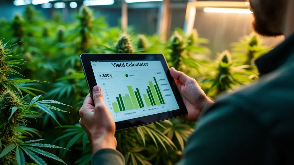 Person using a tablet with a cannabis yield calculator app, surrounded by cannabis plants under grow lights for optimized yield tracking.