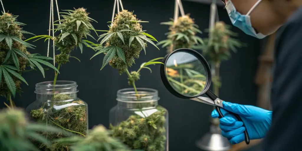 Cannabis buds drying and being inspected with a magnifying glass during harvest.