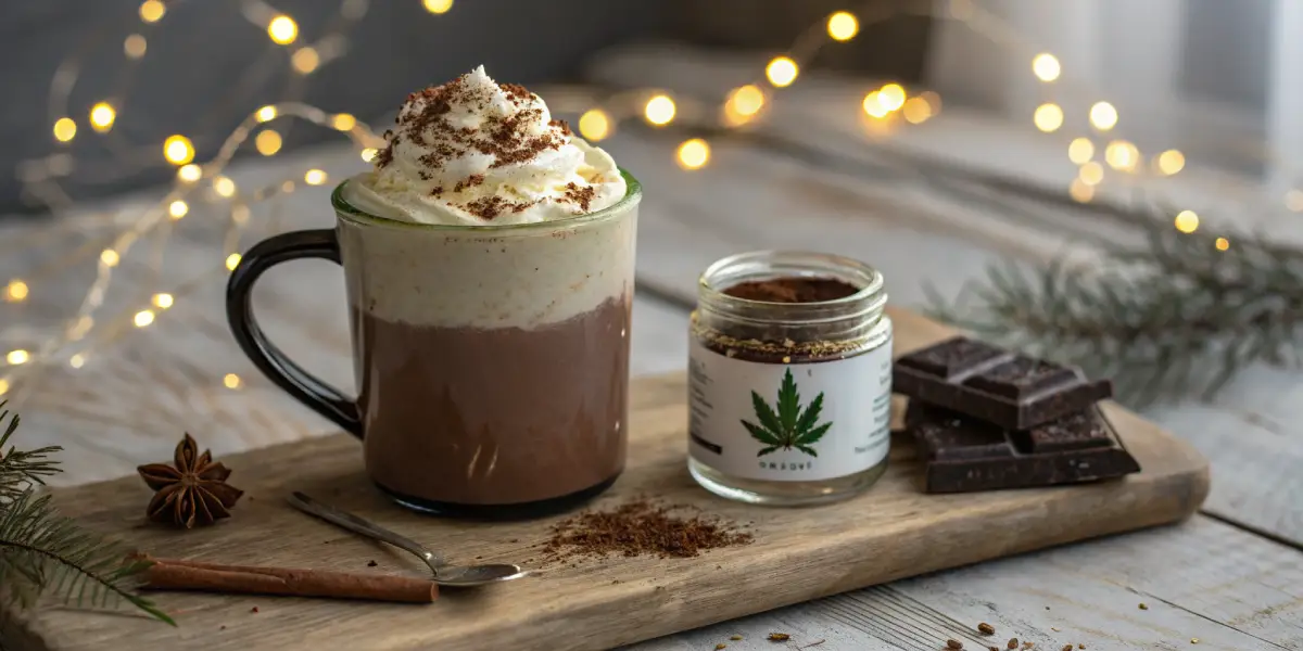 Steaming mug of cannabis-infused hot chocolate with whipped cream and cocoa, next to a jar of cannabis sprinkles and chocolate bar, on a wooden board with festive lights.