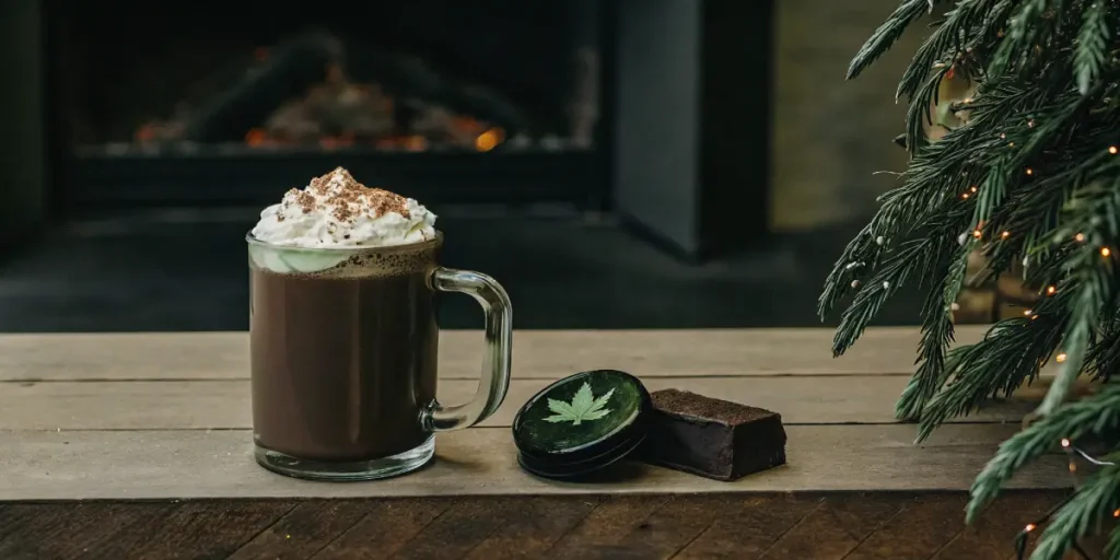 Steaming mug of cannabis-infused hot chocolate with whipped cream, next to a cannabis tin and brownie, by a fireplace and Christmas tree.