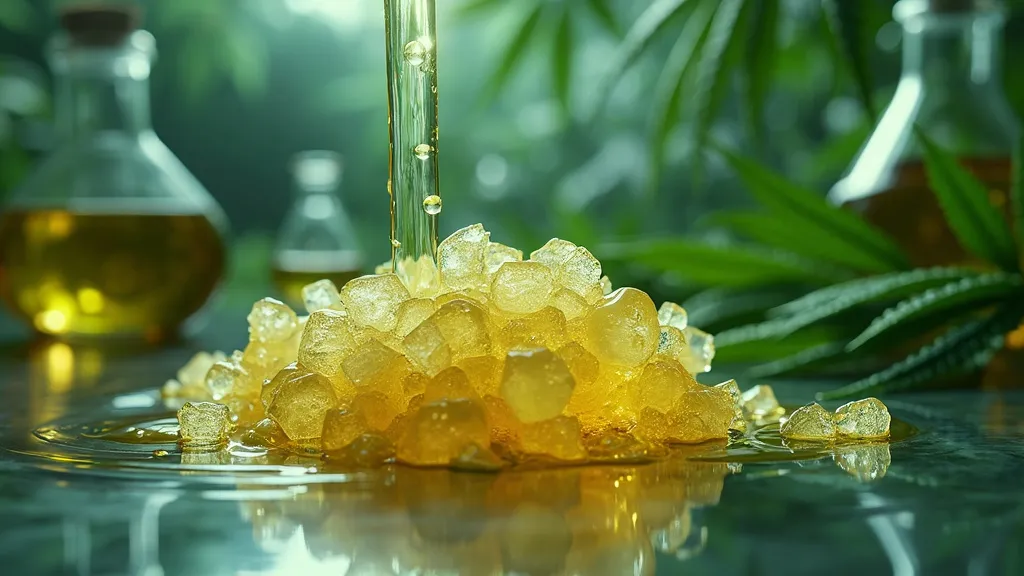 Golden hemp wax crystals melting under a stream of cannabis essential oil, set against a lush green backdrop of hemp leaves and oil vials.