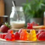Colorful cannabis-infused gummy bears placed alongside cannabis leaves and natural ingredients in a kitchen setting.