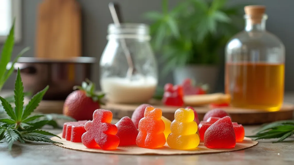 Colorful cannabis-infused gummy bears placed alongside cannabis leaves and natural ingredients in a kitchen setting.