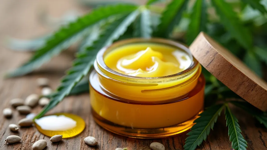 Glass jar of yellow cannabis-infused cream with hemp oil, surrounded by fresh hemp leaves and seeds, highlighting the soothing benefits of hemp wax.