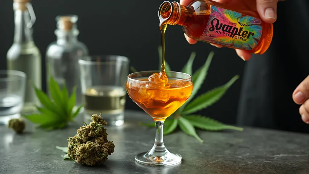 THC syrup poured into a cocktail glass filled with ice, creating a vibrant, sweeter high beverage, with cannabis leaves and buds decorating the scene.