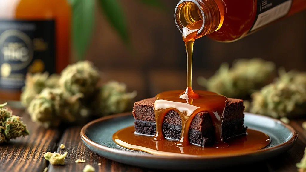 Golden THC syrup drizzled over a rich chocolate brownie, enhancing the treat with a sweeter high, surrounded by cannabis buds for an indulgent experience.