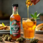 A bottle of cannabis-infused syrup being poured into a glass of iced tea, surrounded by cannabis buds and breakfast items in a cozy kitchen setting.