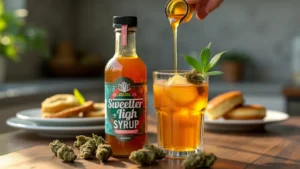 A bottle of cannabis-infused syrup being poured into a glass of iced tea, surrounded by cannabis buds and breakfast items in a cozy kitchen setting.