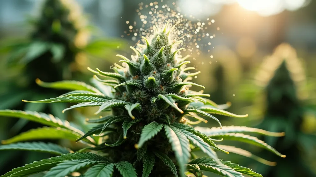 A close-up of a cannabis plant with pollen dispersing in the sunlight, highlighting the natural pollination process.