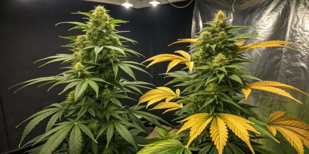 Cannabis plant with yellowing leaves and a dense bud under bright lights in a grow room.