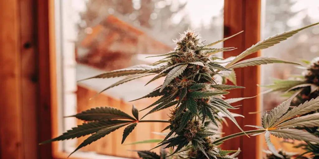 Cannabis plant with resin-coated buds, grown indoors near a window with a soft light filtering through, showcasing its vibrant green leaves.
