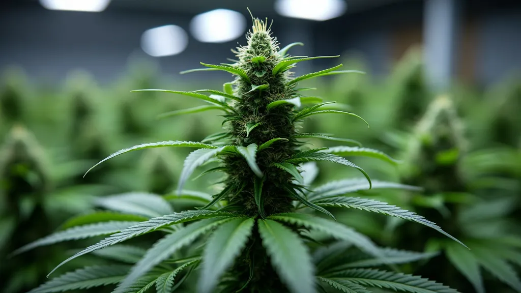Australian Bastard Cannabis plant in an indoor grow room, showcasing dense buds and elongated leaves.