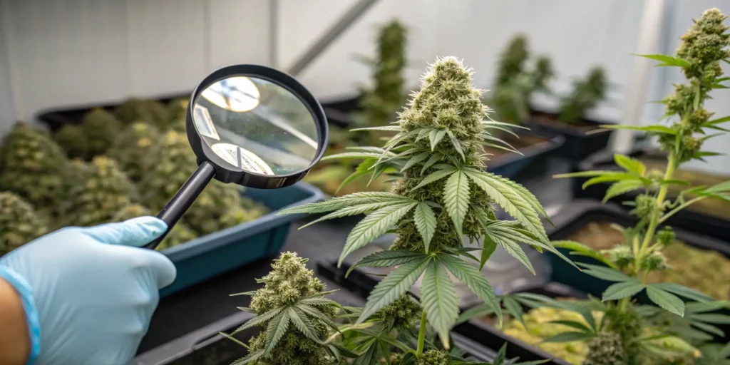 Close-up of a cannabis plant being examined under magnification with a magnifying glass.