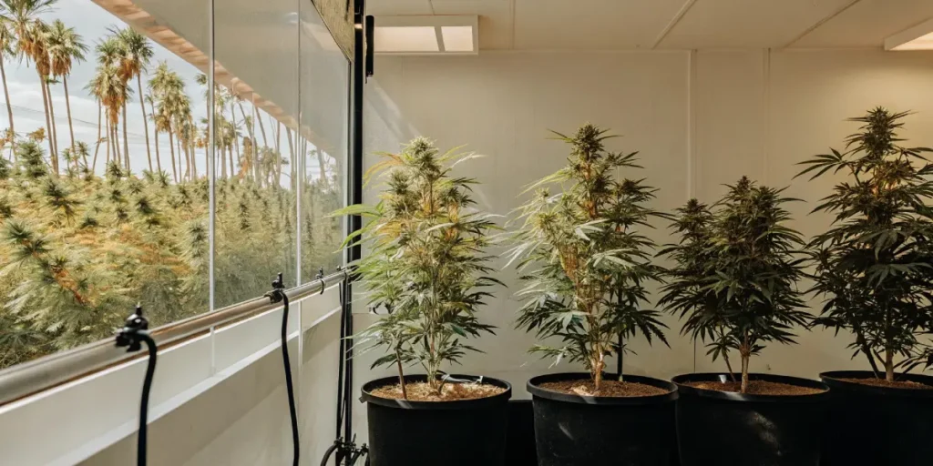 Potted cannabis plants lined up on a balcony with a distant view of palm trees and a field.