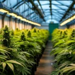 Rows of cannabis plants thriving in a greenhouse, illuminated by LED grow lights, creating optimal conditions for growth.