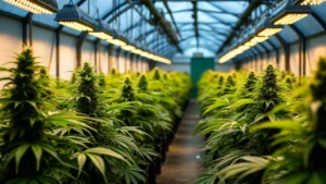 Rows of cannabis plants thriving in a greenhouse, illuminated by LED grow lights, creating optimal conditions for growth.