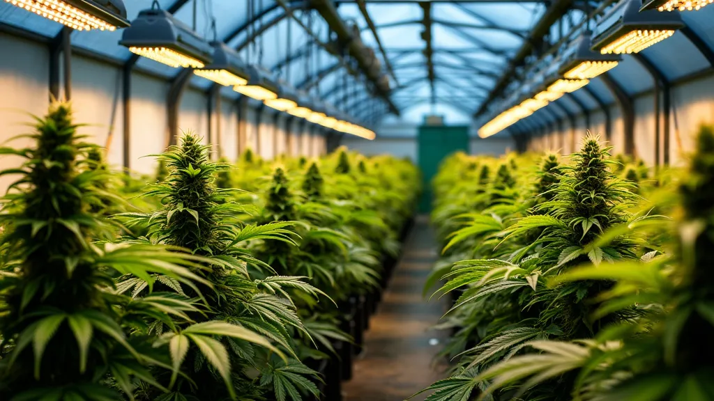 Rows of cannabis plants thriving in a greenhouse, illuminated by LED grow lights, creating optimal conditions for growth.
