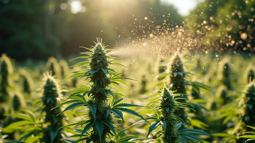 Outdoor cannabis plant releasing pollen in a sunlit field, illustrating the natural process for weed pollen for sale applications.