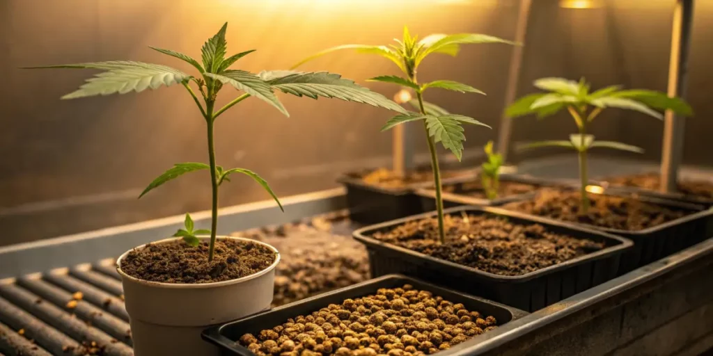 Cannabis seedlings growing in small pots under artificial light in a controlled environment.