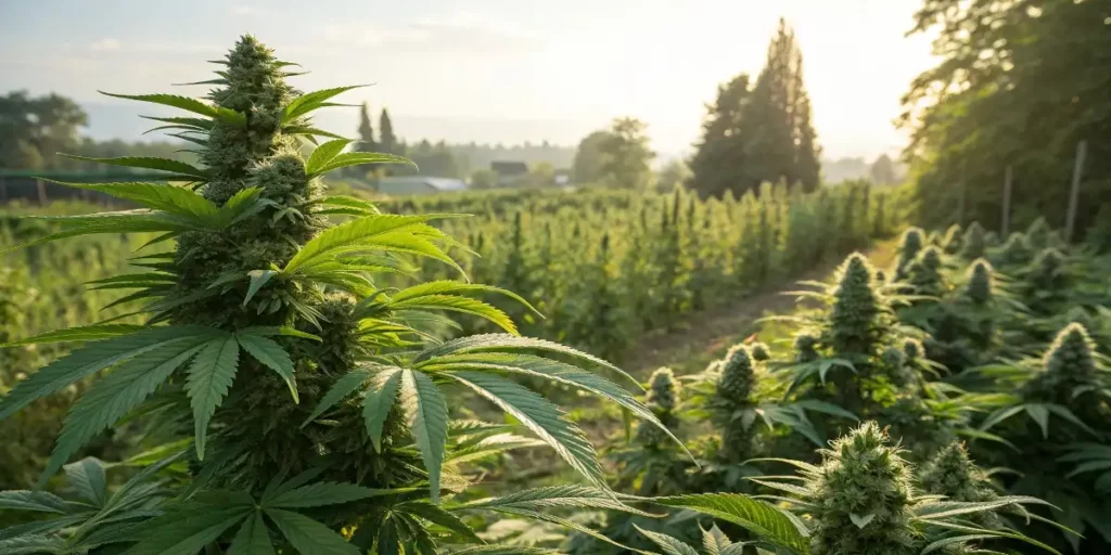 Cannabis plants growing in a field with dense buds, illuminated by warm sunset light and a tranquil farm backdrop.