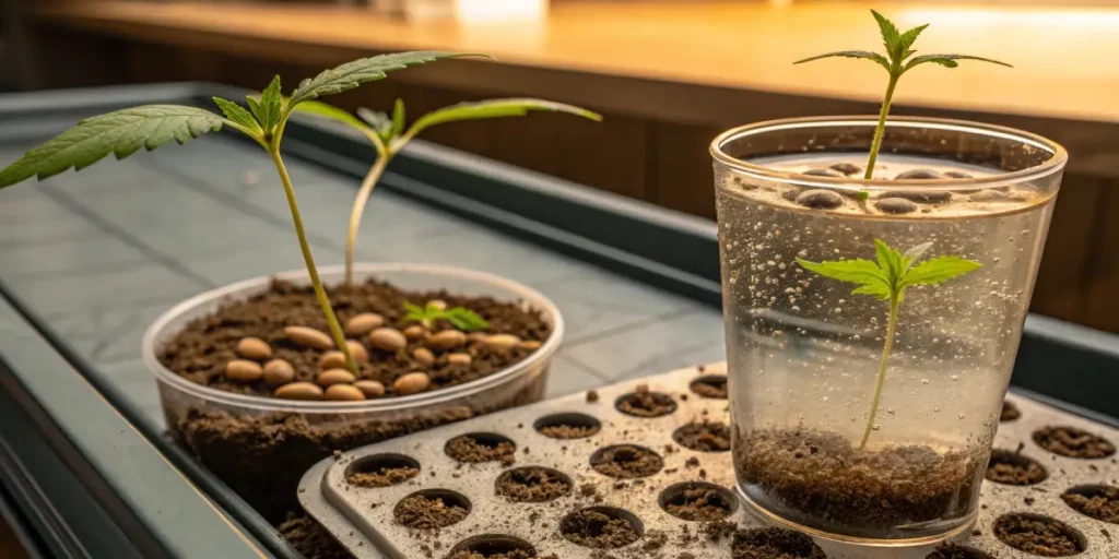 Cannabis seedlings in soil with roots emerging, one in water for early growth.