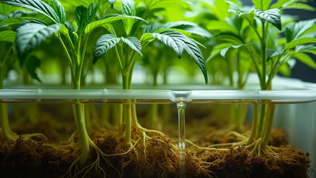 Young cannabis plants thriving in a hydroponic setup with visible root growth, illustrating an efficient hydroponic cannabis grow kit for beginners.
