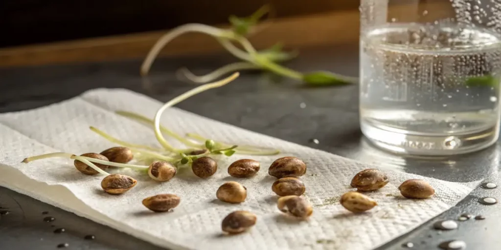Cannabis seeds sprouting on paper towel with small roots emerging.