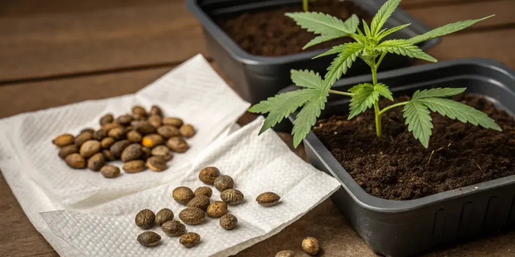 Cannabis seeds and sprouting plant in small pots, ready for cultivation.