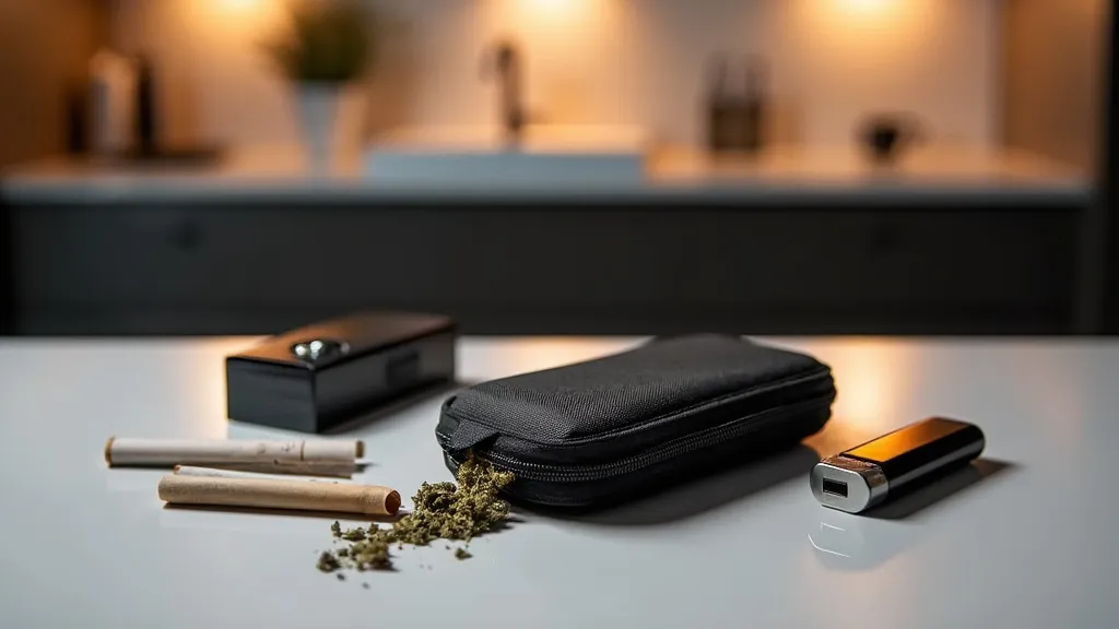 Joint carrying case with cannabis storage kit displayed on a table, featuring a sleek pouch, pre-rolled joints, and a discreet vape device for easy travel.