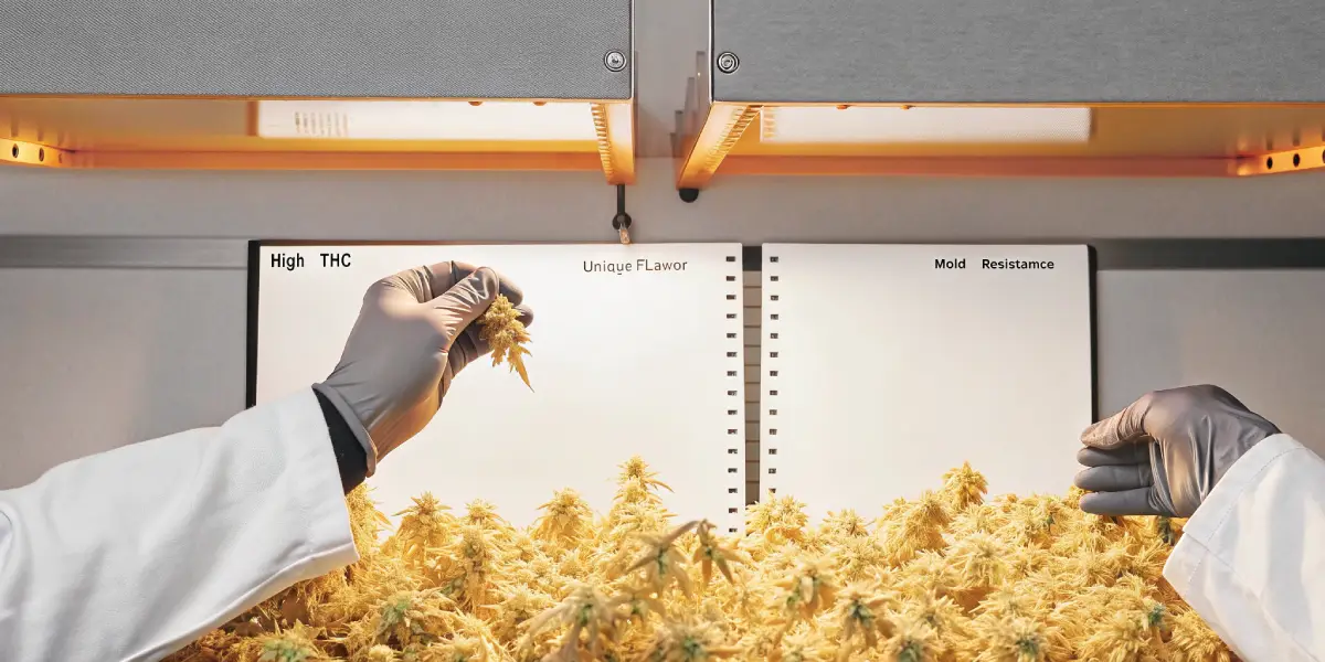Hyper-realistic scene: gloved hands evaluating golden-hued cannabis plants under bright lights, with labels for "High THC," "Unique Flavor," and "Mold Resistance."