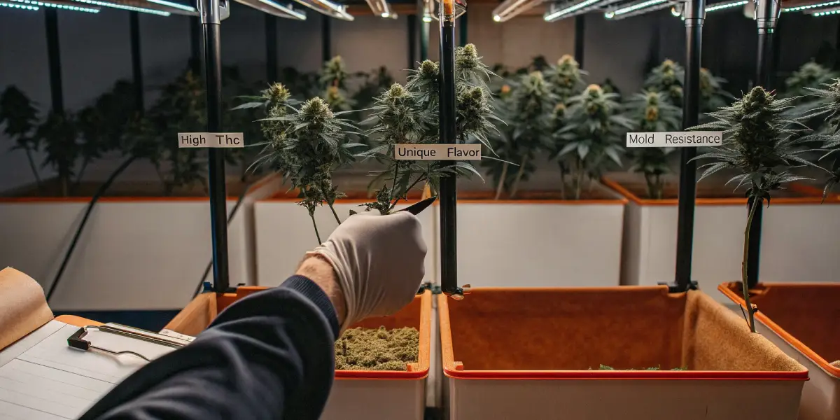 Hyper-realistic scene: gloved hand touching a cannabis plant with "Unique Flavor" label, among other plants labeled "High Thc" and "Mold Resistance" in a cannabis breeding setup.