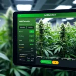Tablet showing cannabis yield calculator with indoor cannabis plants in background