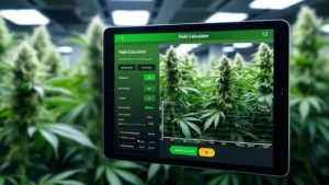 Tablet showing cannabis yield calculator with indoor cannabis plants in background