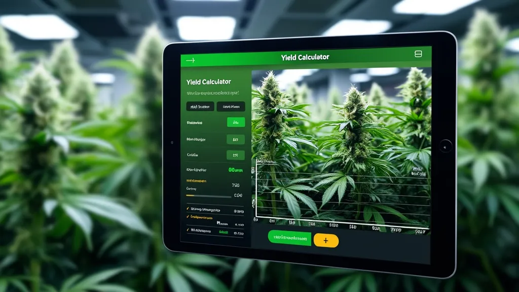 Tablet showing cannabis yield calculator with indoor cannabis plants in background