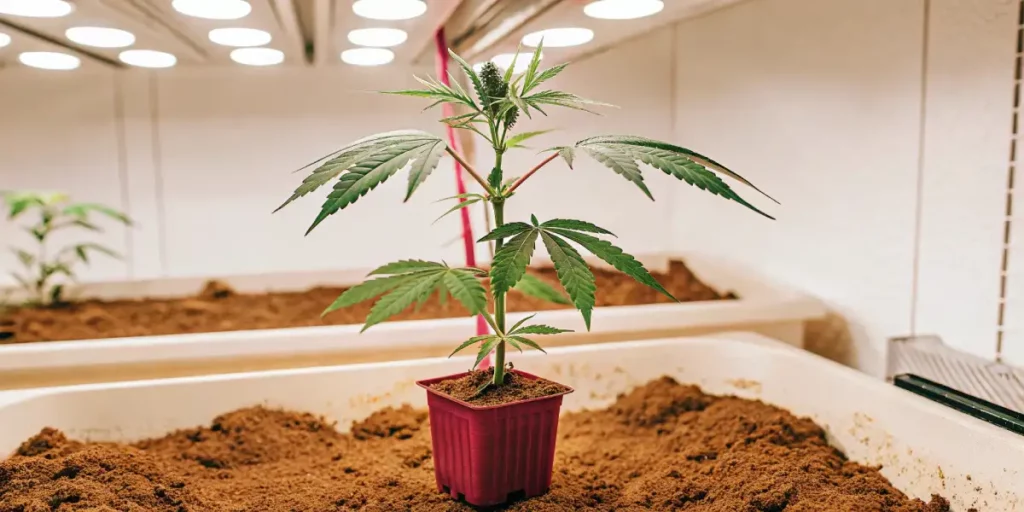 Small cannabis clone with green leaves in a red pot, placed on soil in an indoor cultivation room.