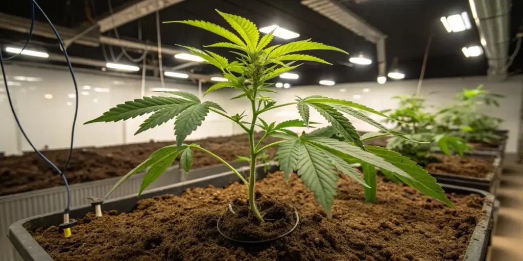 Cannabis clone with green leaves growing in a pot in an indoor cultivation space.