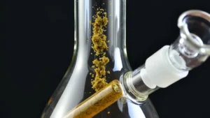 Close-up of cannabis concentrate inside a glass bong.