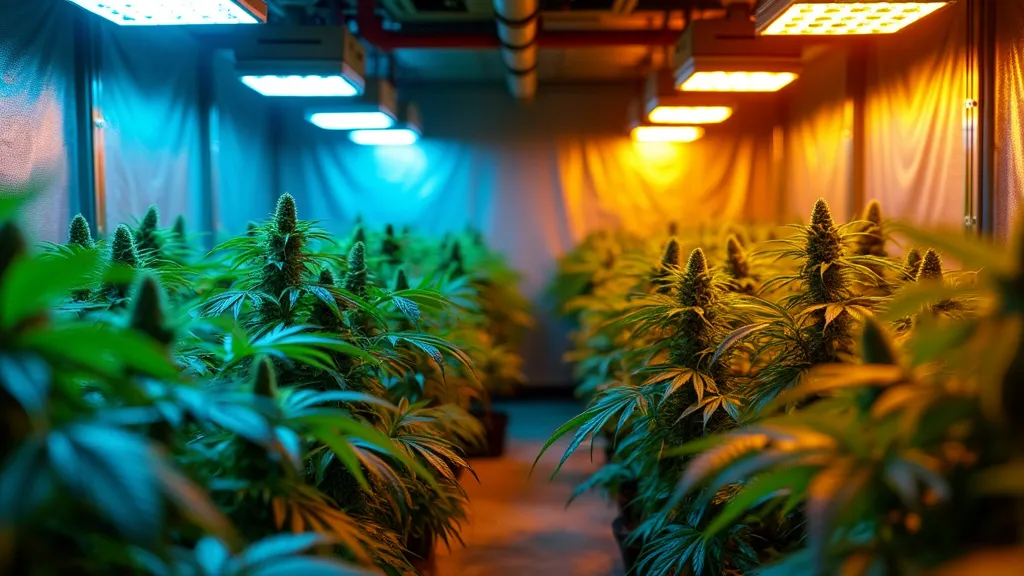 Cannabis cultivation room featuring dual-spectrum high intensity discharge lights designed for efficient and powerful plant growth.