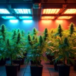 Indoor cannabis plants under blue and red LED grow lights.