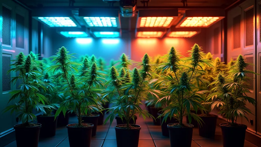 Indoor cannabis plants under blue and red LED grow lights.