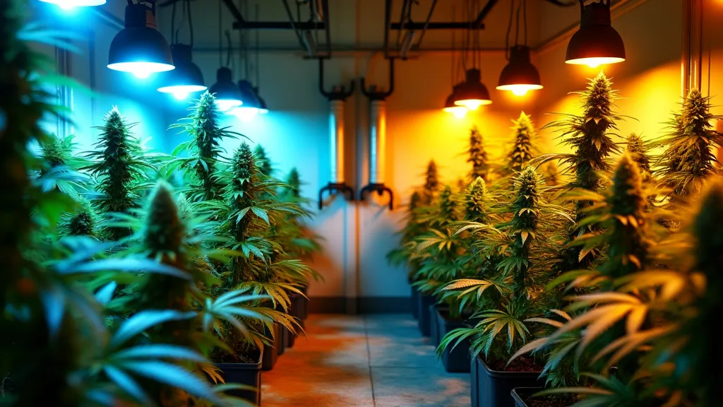 Cannabis grow room illuminated by high intensity discharge lights with mixed blue and yellow spectrums for optimal plant development.