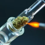 Close-up of cannabis in a glass bong being ignited with a flame.