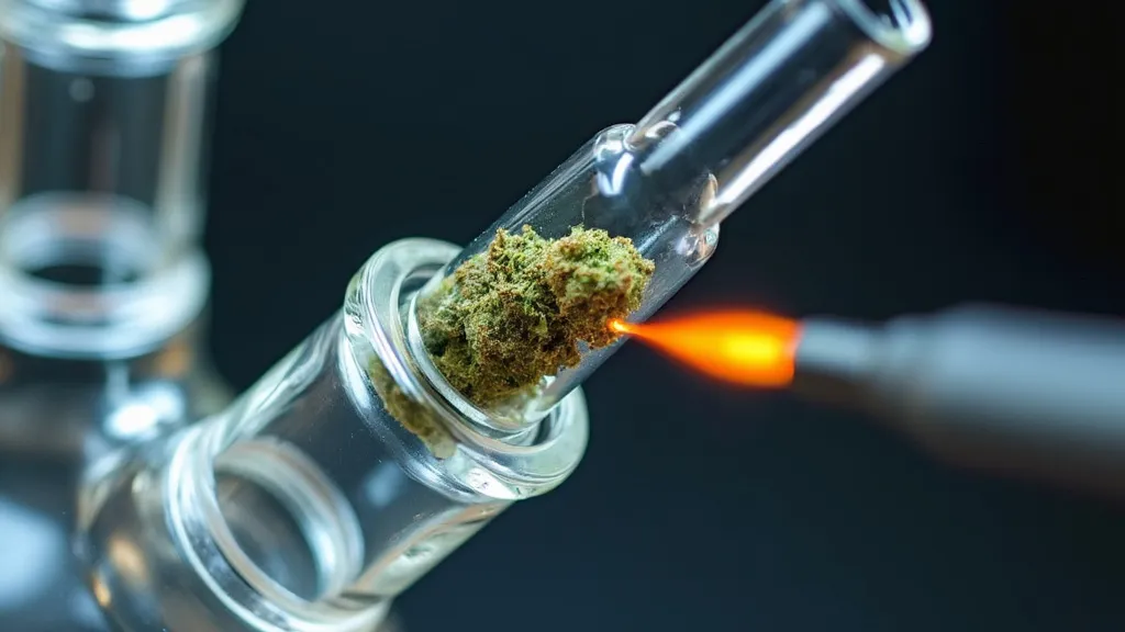 Close-up of cannabis in a glass bong being ignited with a flame.