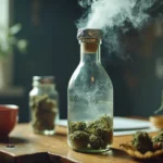 Cannabis buds in a glass bottle with smoke rising, surrounded by jars and a coffee mug.