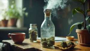 Cannabis buds in a glass bottle with smoke rising, surrounded by jars and a coffee mug.