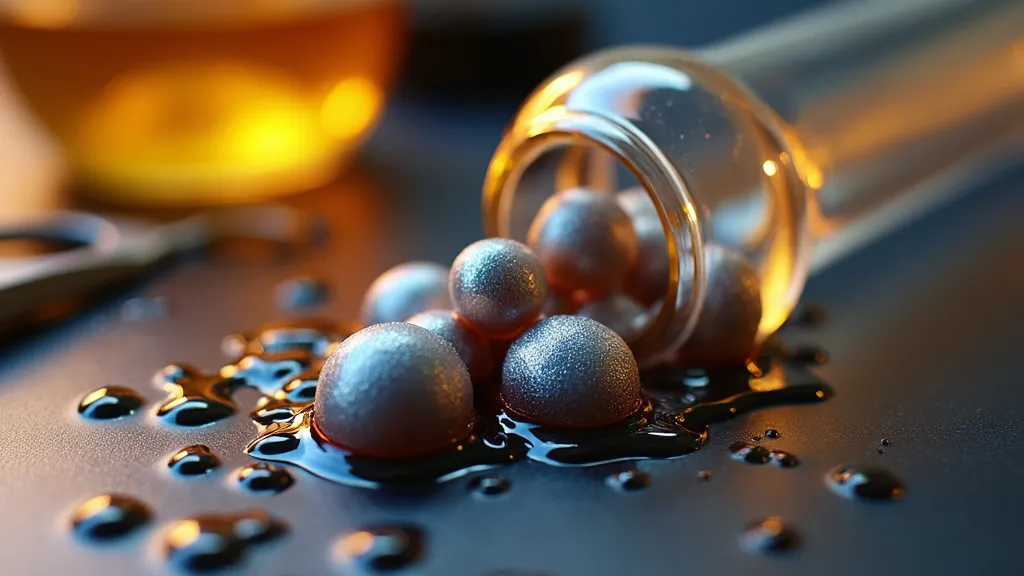 Cannabis oil capsules spilling from a bottle, resembling silicone carbide pearls.