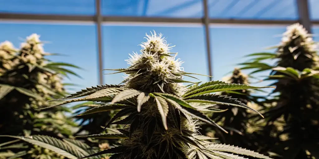 Cannabis plant with dense buds growing in a greenhouse, with clear skies in the background.