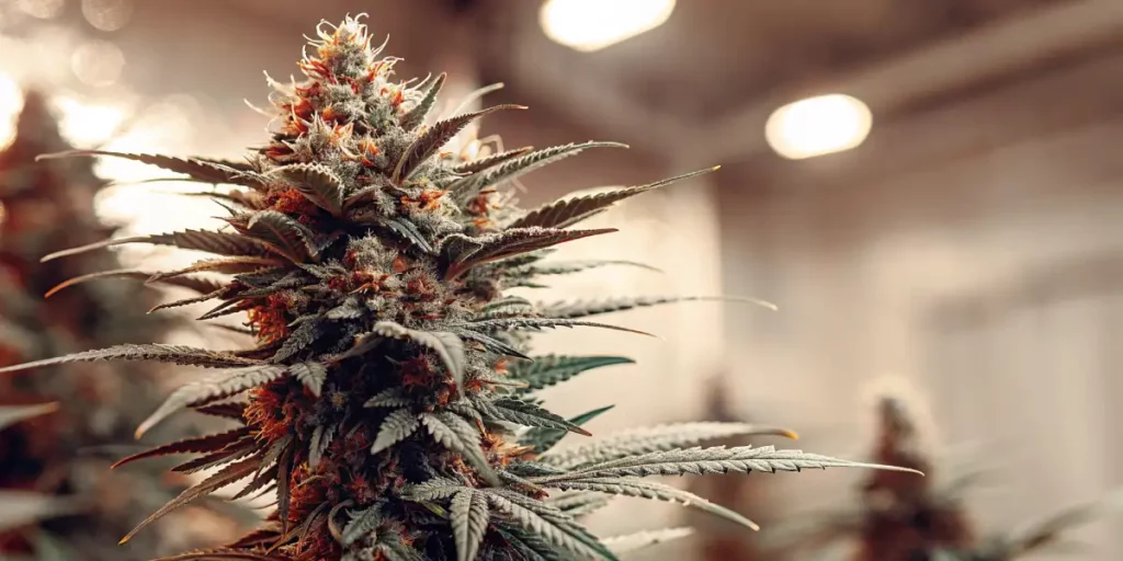 Cannabis plant with dense buds and bright green leaves under warm sunlight.