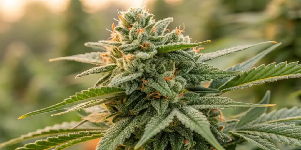 Cannabis plant with dense buds, illuminated by soft artificial light.