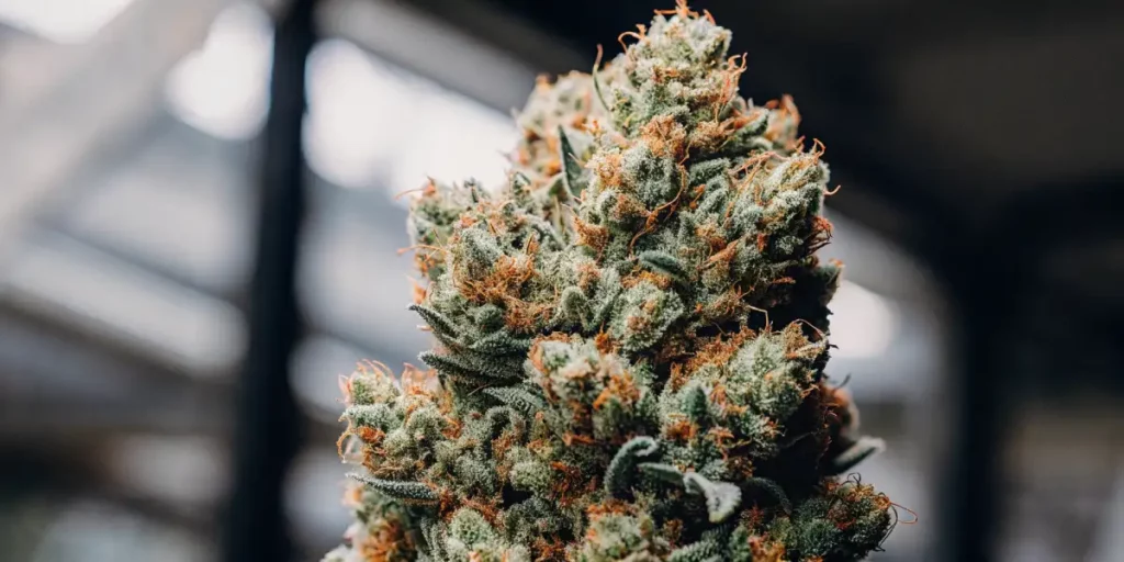 Cannabis plant with frosty trichomes covering its dense buds, glowing under artificial grow lights in a controlled environment.